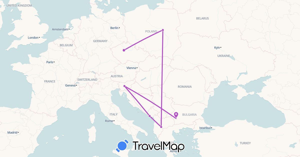 TravelMap itinerary: train in Bulgaria, Czech Republic, Montenegro, Macedonia, Poland, Slovenia (Europe)